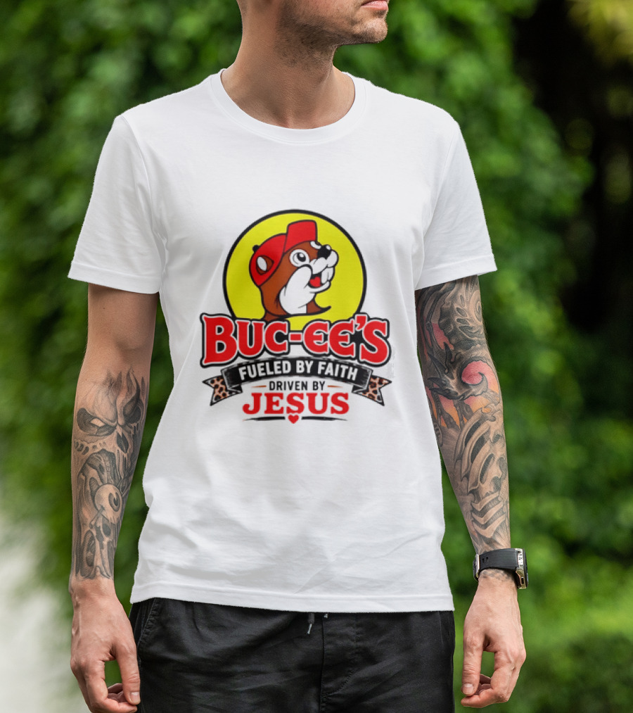 Buc Ee's Fueled By Faith Driven By Jesus Yellow Circle Red Cap T-Shirt