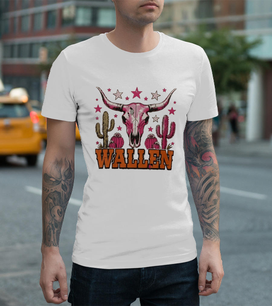 Wallen Pink Cow Skull Cactus Stars T-Shirt