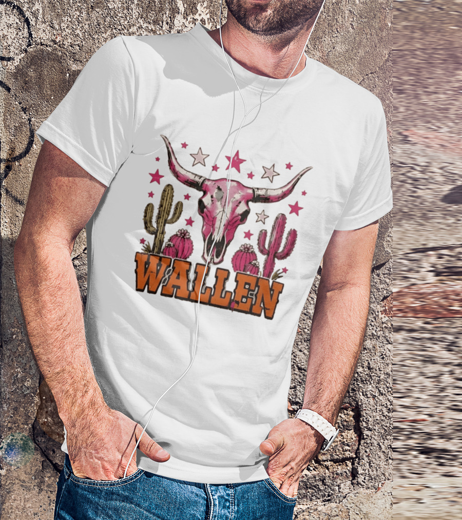 Wallen Pink Cow Skull Cactus Stars T-Shirt