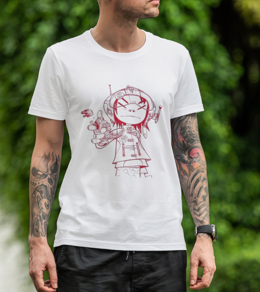 Gorillaz Noodle Line Drawing Red Sketch T-Shirt