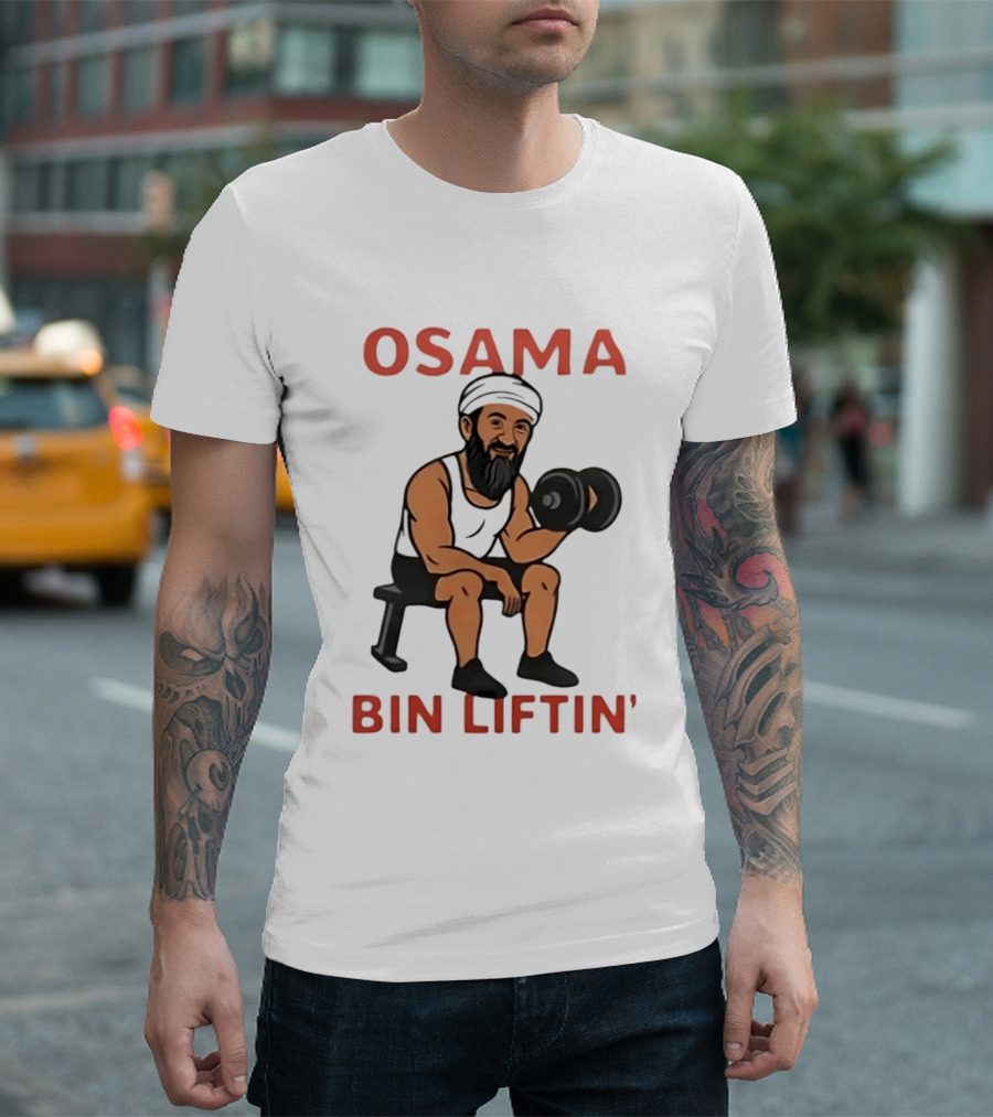 Osama Bin Liftin' Dumbbell Cartoon Weightlifting Humor T-Shirt