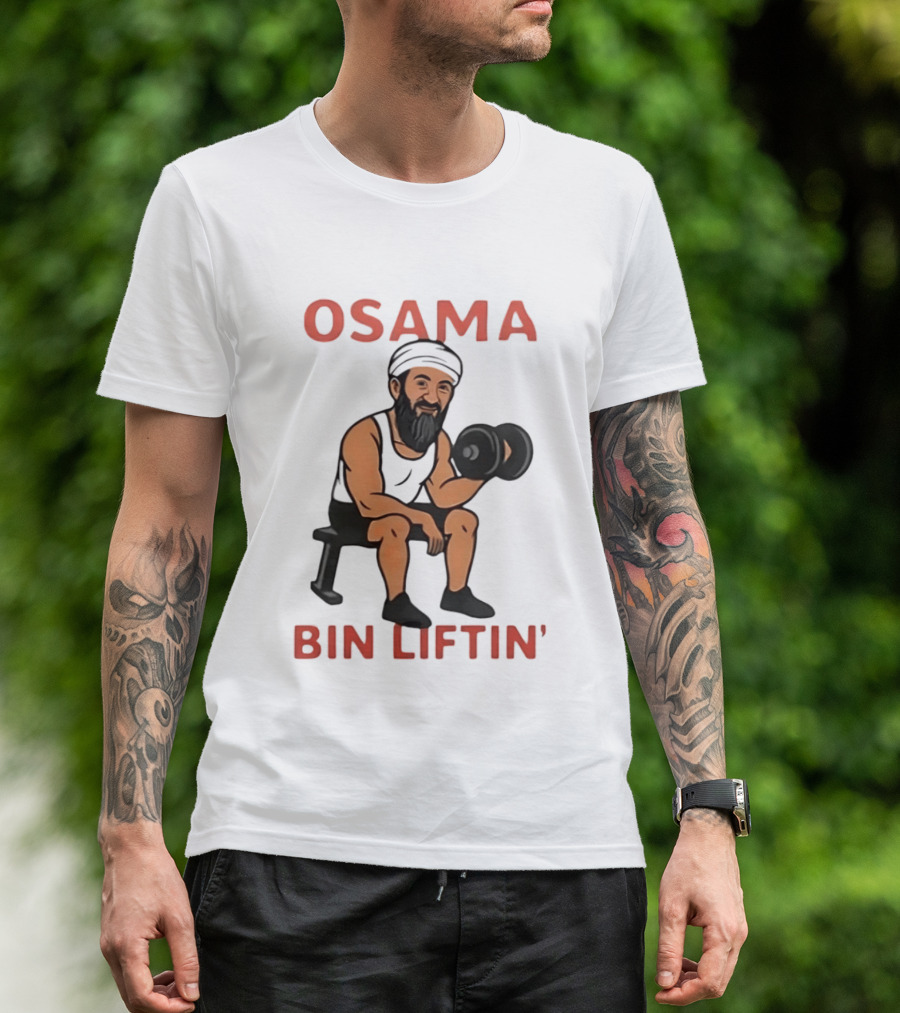 Osama Bin Liftin' Dumbbell Cartoon Weightlifting Humor T-Shirt