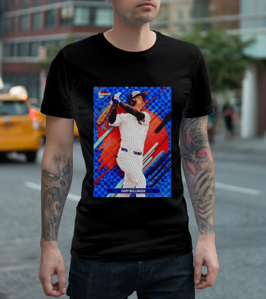 Cody Bellinger Topps Finest Baseball Card Blue Checkered Background Batting Pose T-Shirt