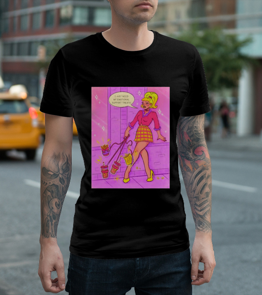 I Just Need My Emotional Support Treats Comic Style Girl With Drinks And Fries T-Shirt