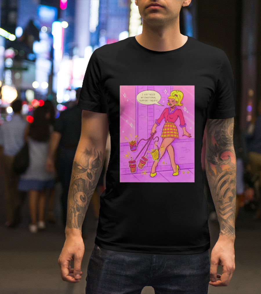 I Just Need My Emotional Support Treats Comic Style Girl With Drinks And Fries T-Shirt