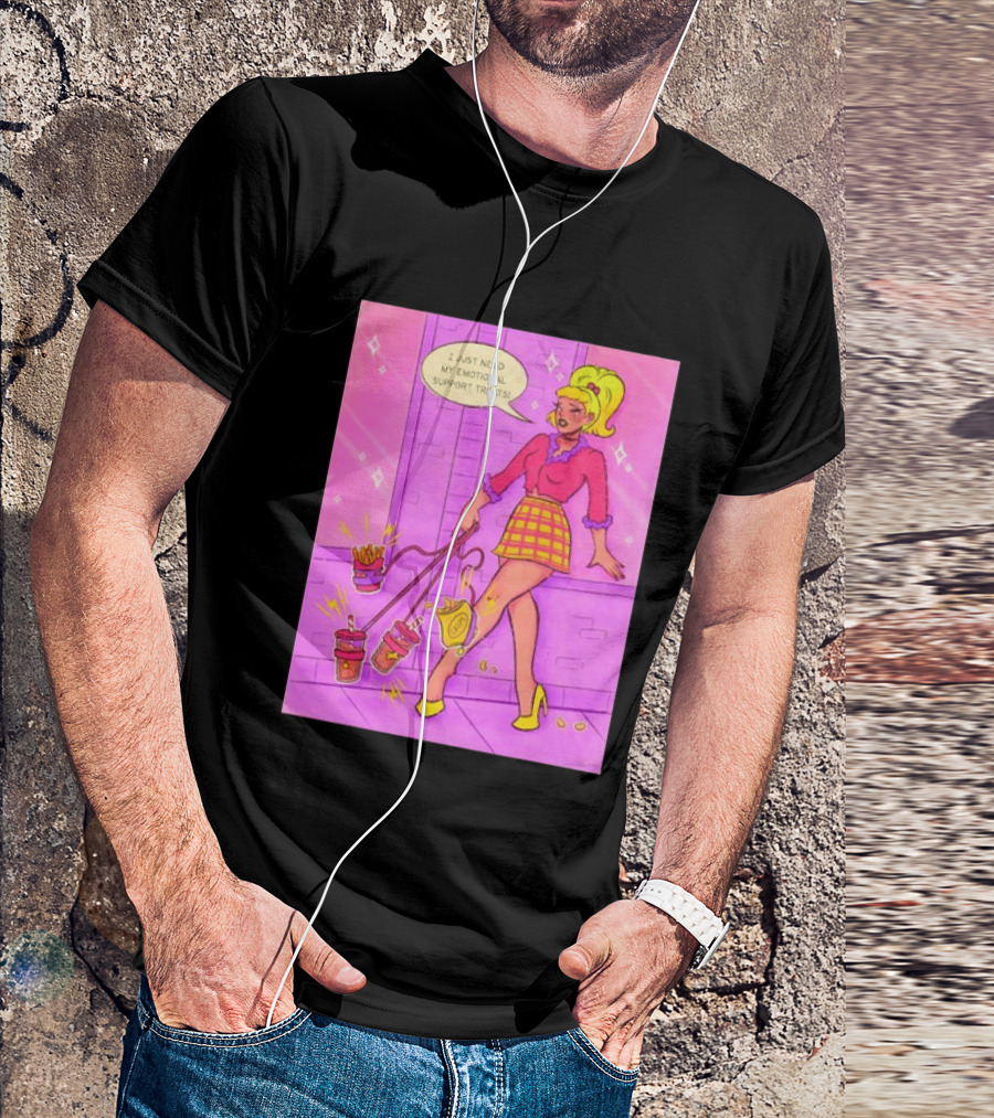 I Just Need My Emotional Support Treats Comic Style Girl With Drinks And Fries T-Shirt