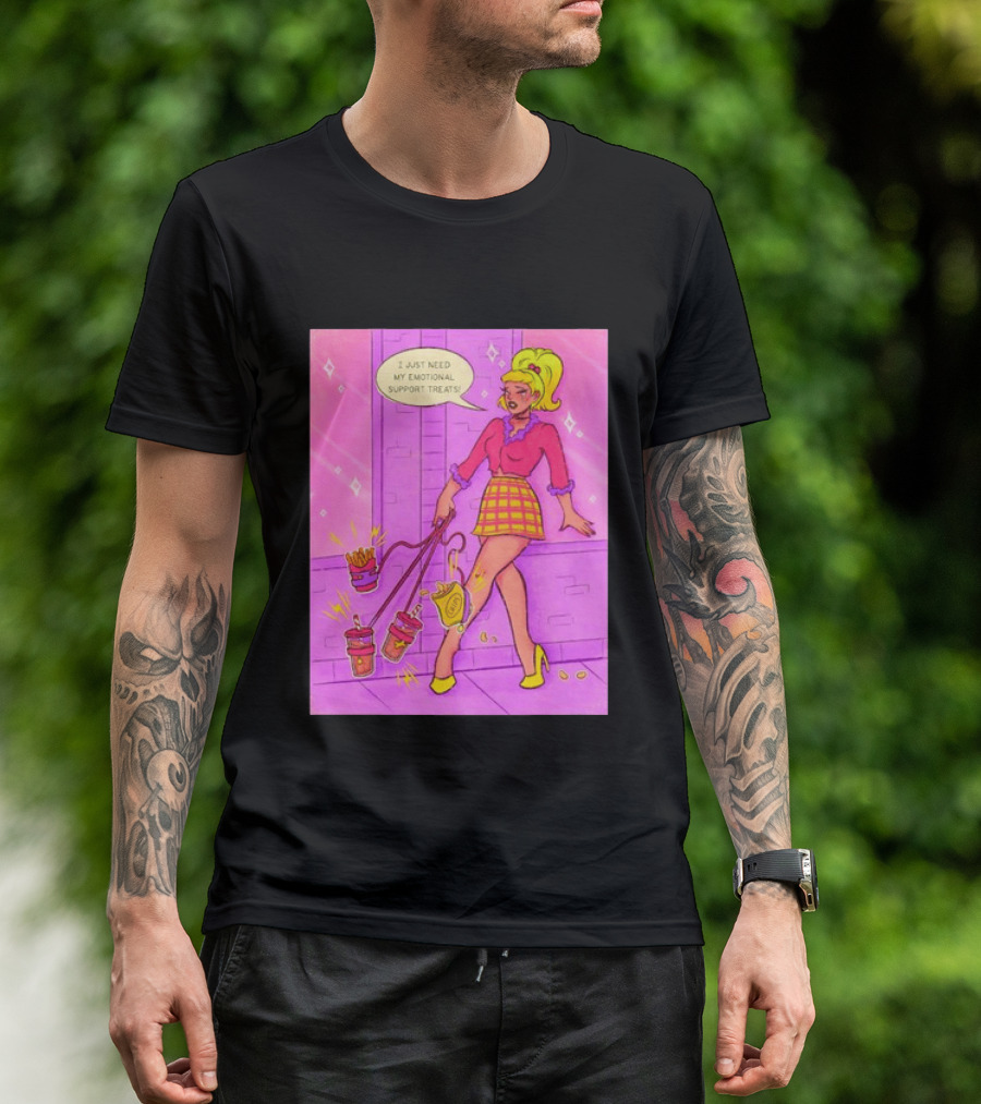I Just Need My Emotional Support Treats Comic Style Girl With Drinks And Fries T-Shirt