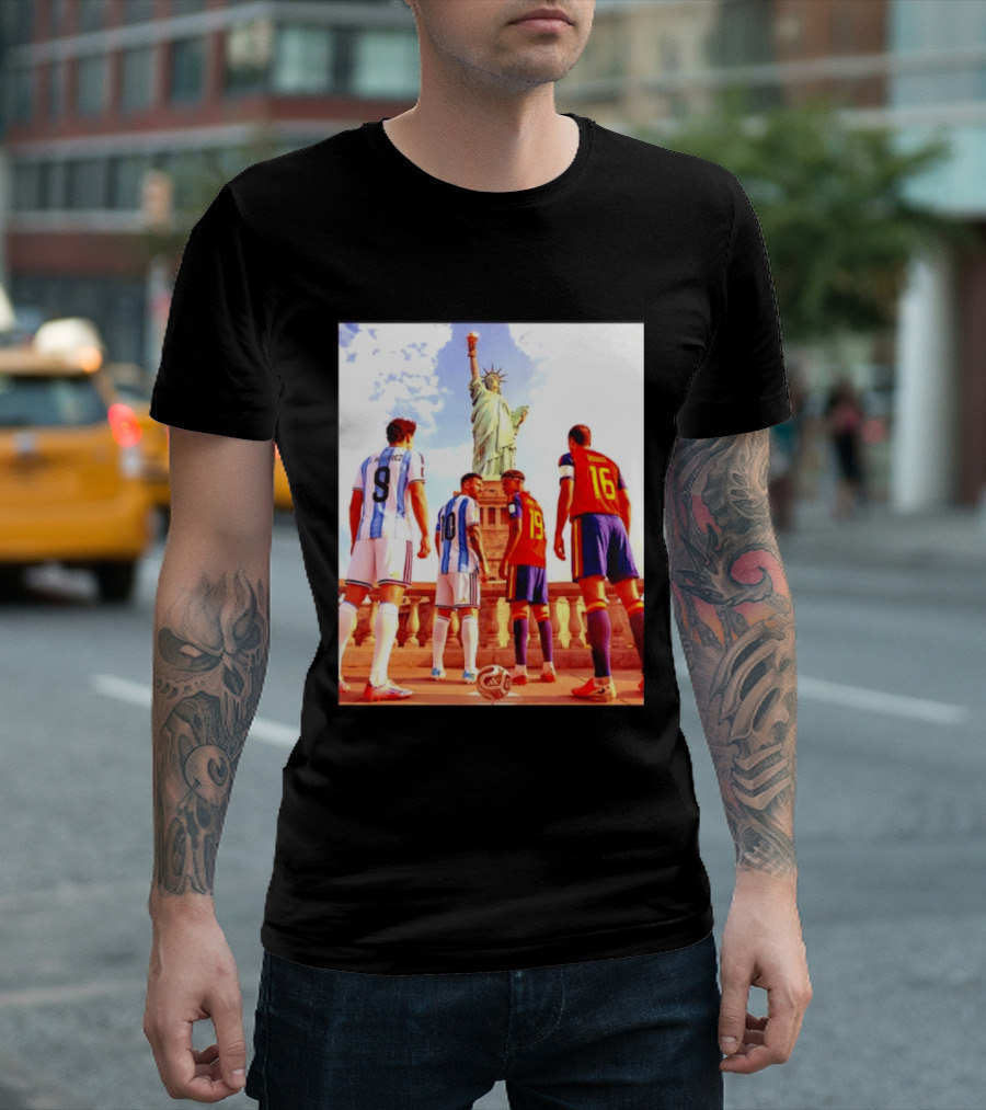Lionel Messi J Alvarez Lamine Yamal Rodrigo Football Statue Of Liberty Argentina Spain Soccer T-Shirt