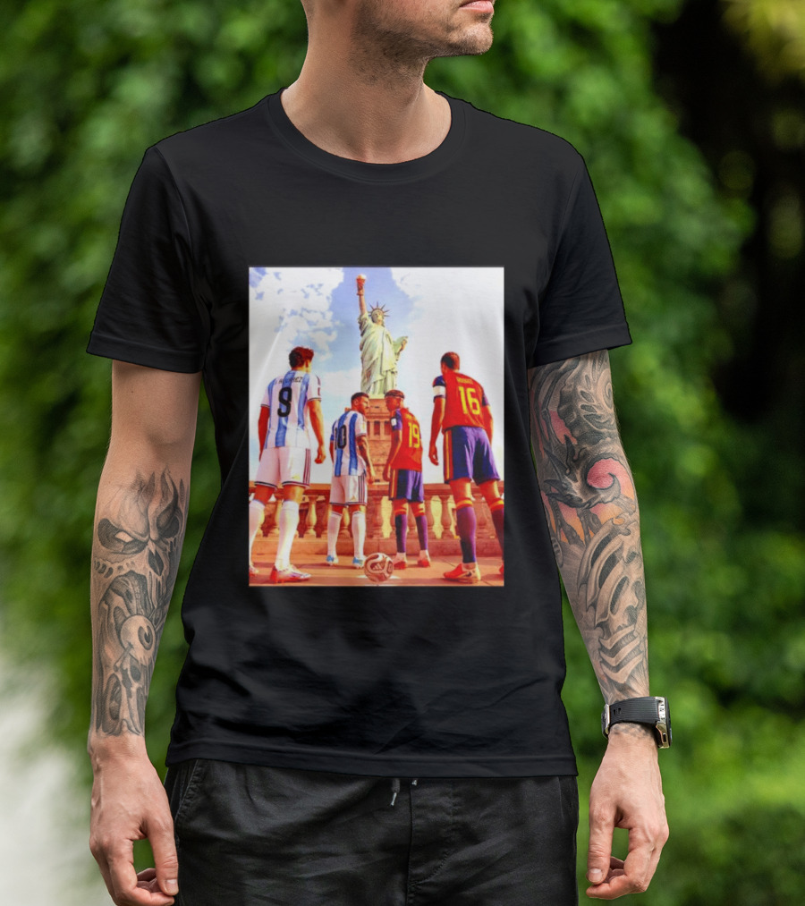 Lionel Messi J Alvarez Lamine Yamal Rodrigo Football Statue Of Liberty Argentina Spain Soccer T-Shirt