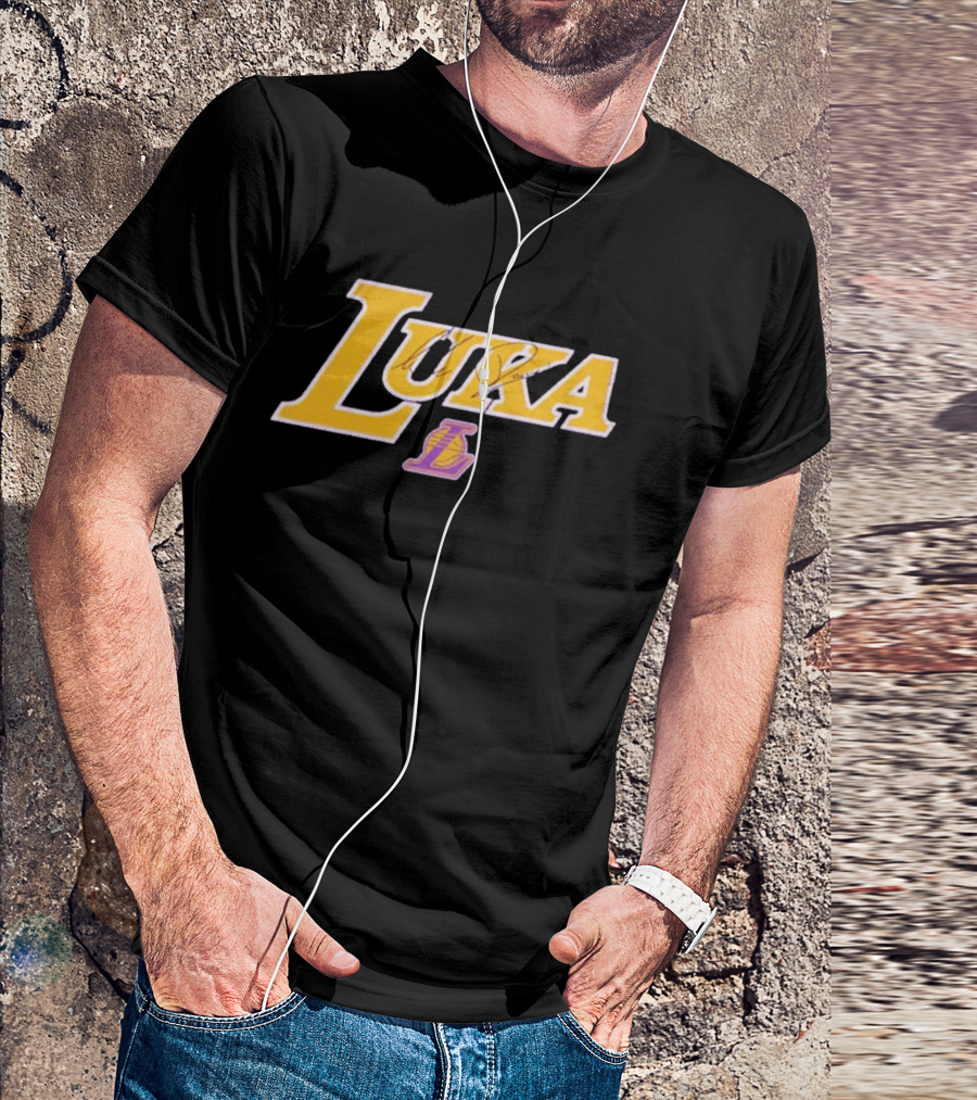 Luka Doncic Autograph Lakers Font Style With Los Angeles Basketball T-Shirt