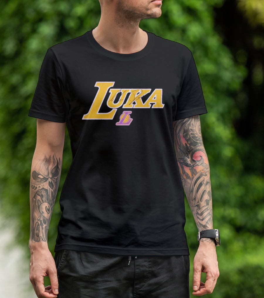 Luka Doncic Autograph Lakers Font Style With Los Angeles Basketball T-Shirt