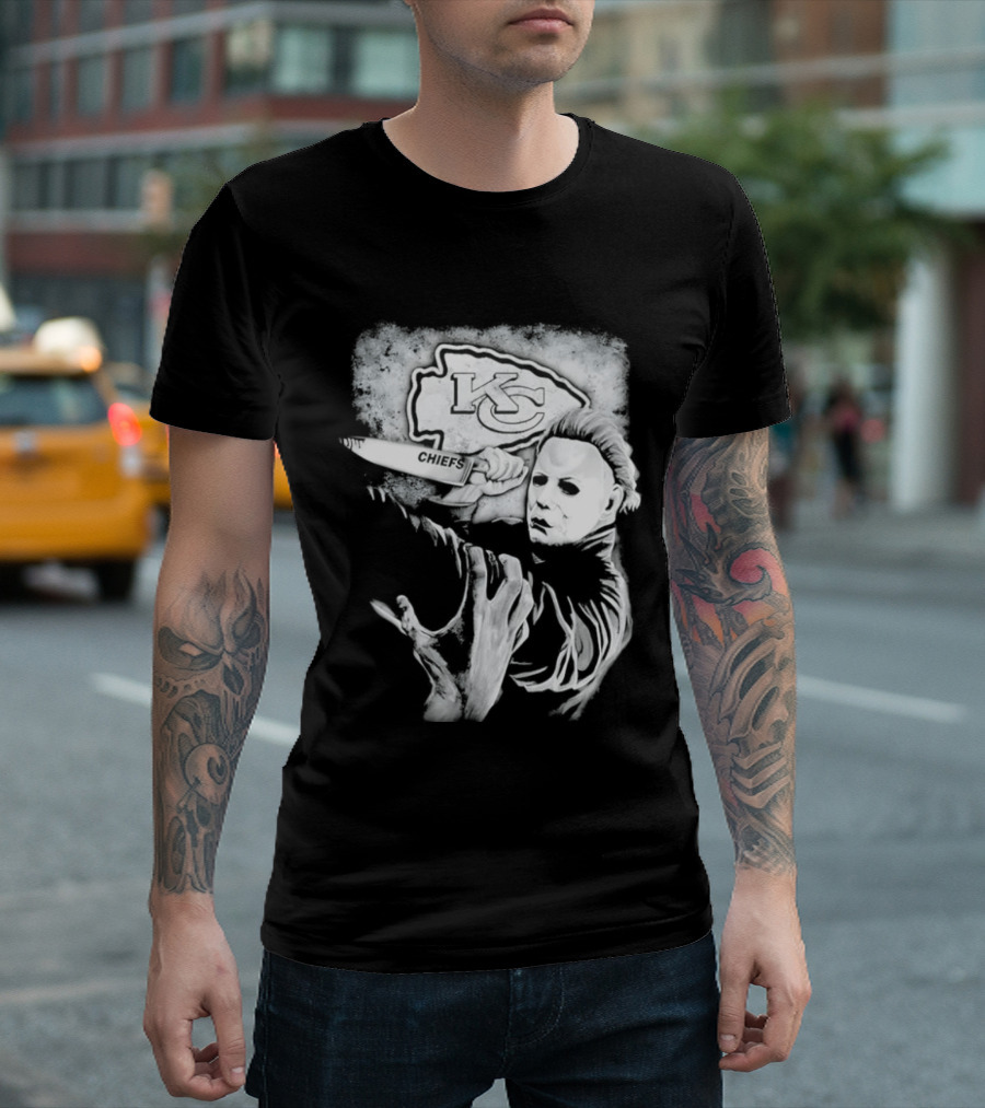 Michael Myers Holding Knife With KC Chiefs T-Shirt