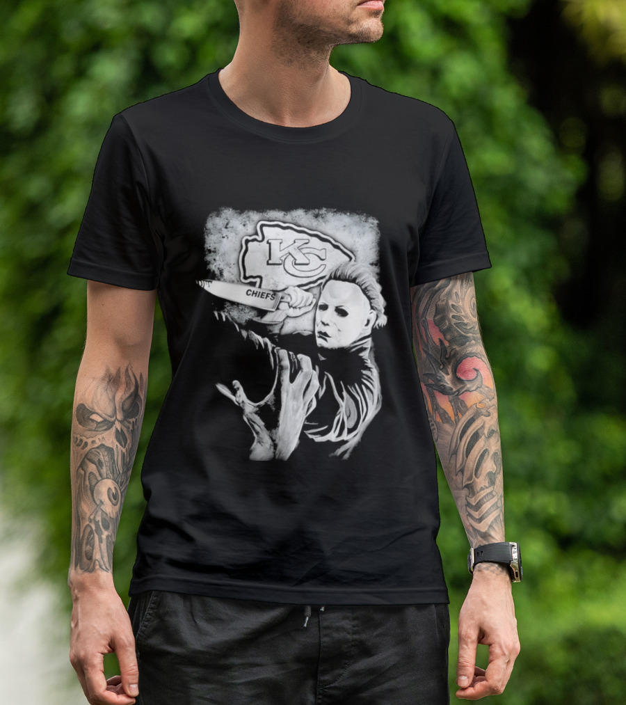 Michael Myers Holding Knife With KC Chiefs T-Shirt