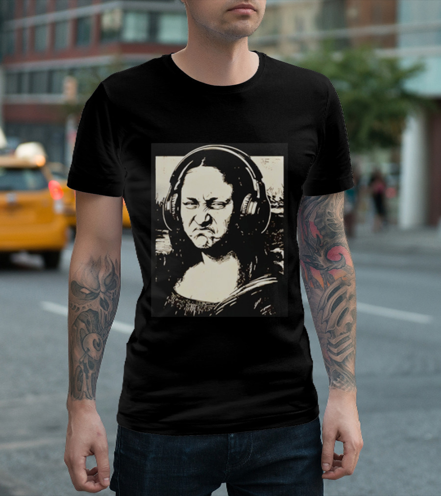 Mona Lisa Headphones Grumpy Expression Fusion T-Shirt