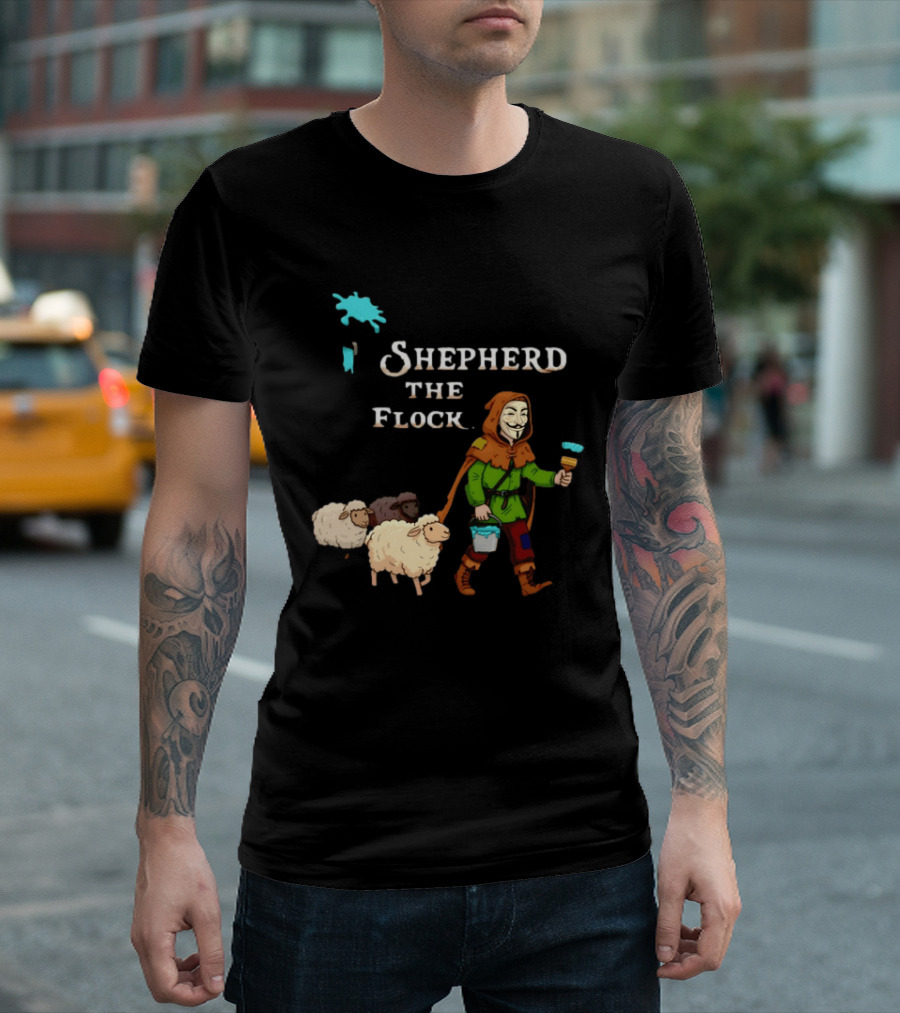 Shepherd The Flock Anonymous Mask Herding Sheep Hand Drawn T-Shirt