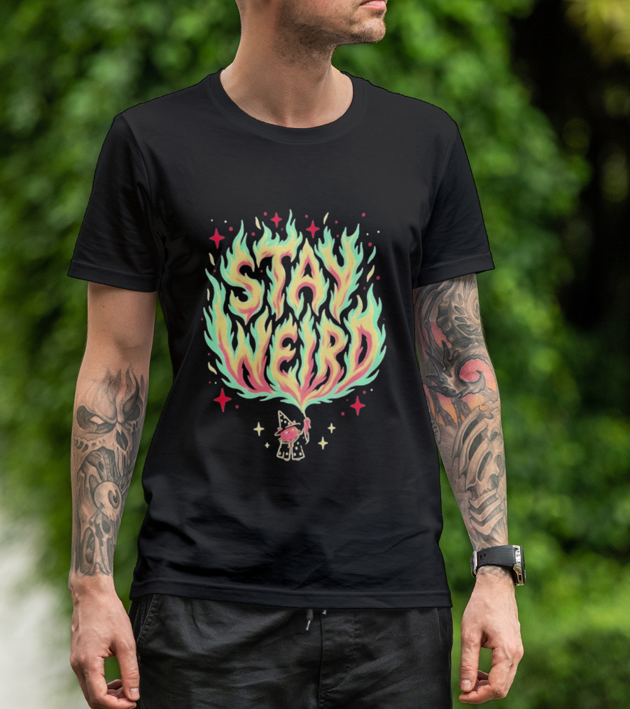 Stay Weird Magic Flames Wizard Cat Stars Cosmic T-Shirt
