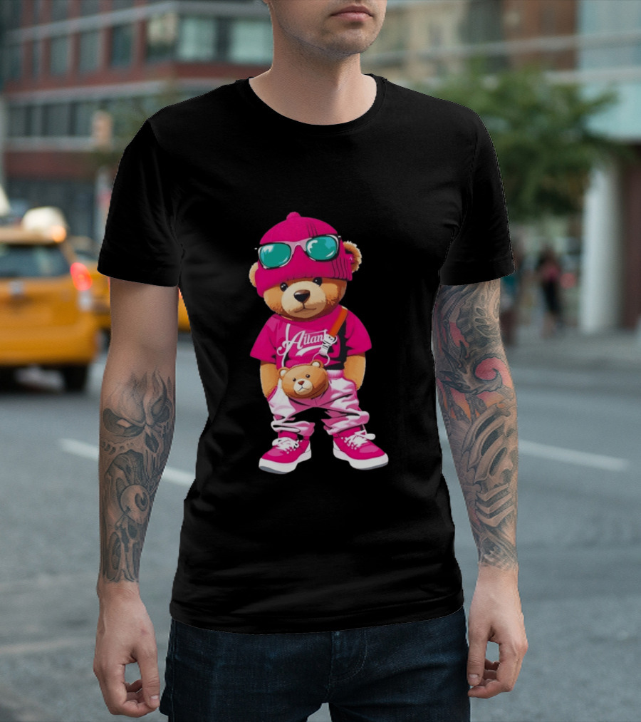 Ailan Teddy Bear Stylish Streetwear Outfit Pink Beanie Sunglasses And Bear Bag T-Shirt