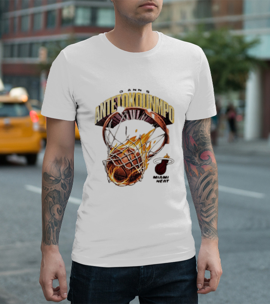 Giannis Antetokounmpo Miami Heat Basketball Hoop Fireball T-Shirt