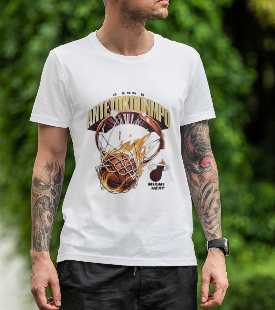 Giannis Antetokounmpo Miami Heat Basketball Hoop Fireball T-Shirt