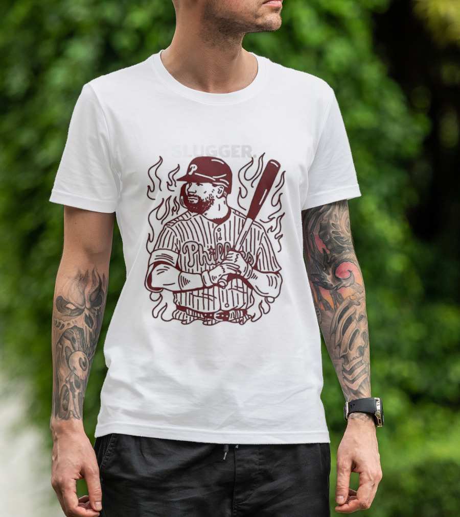 Philadelphia Phillies Slugger Baseball Player With Bat And Flames T-Shirt