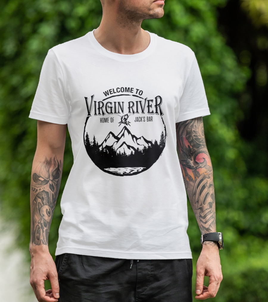Welcome To Virgin River Home Of Jack's Bar Mountain Silhouette Pine Trees Circle T-Shirt