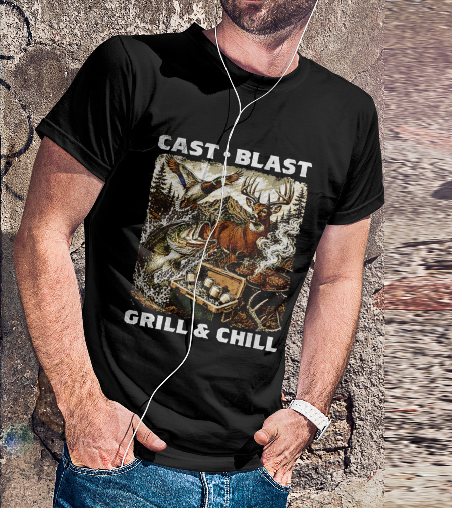 Cast Blast Grill & Chill Deer Fish Camping Scene T-Shirt