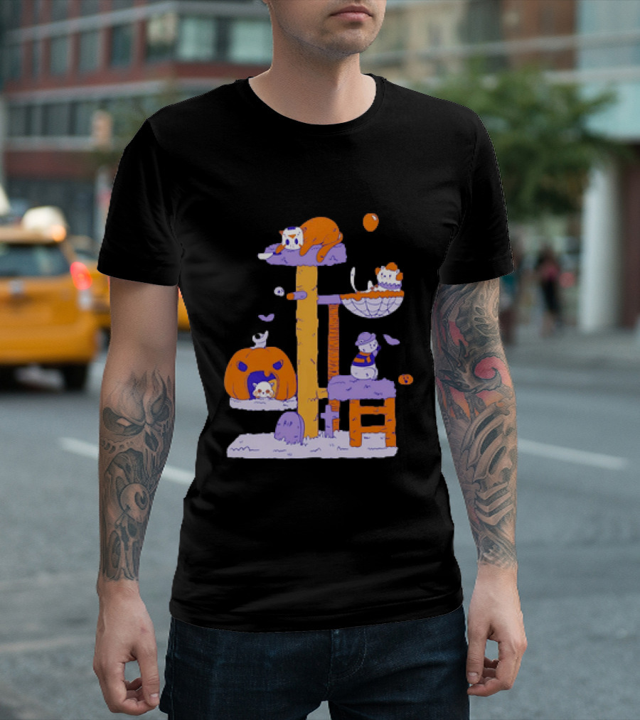 Cat Horror Pumpkin Tree Halloween Cats T-Shirt