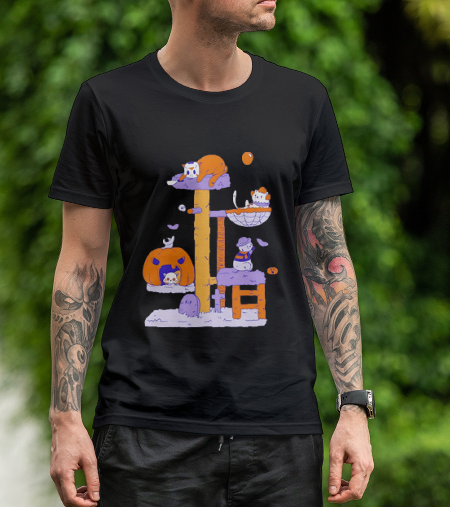 Cat Horror Pumpkin Tree Halloween Cats T-Shirt