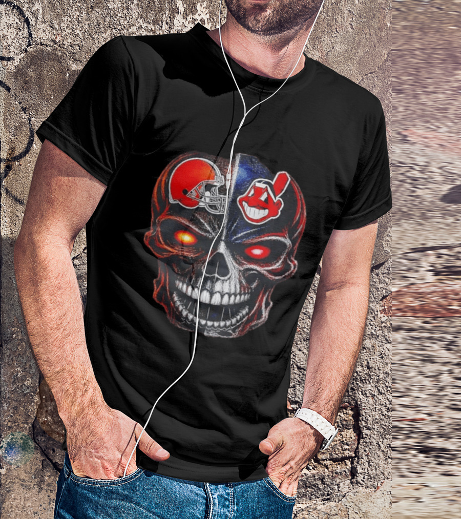 Cleveland Browns Helmet Indians Chief Wahoo Skull Sports Fan T-Shirt