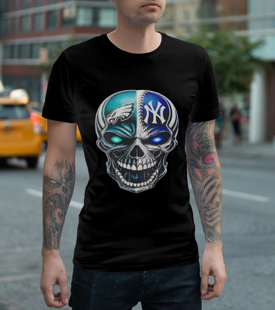 Philadelphia Eagles New York Yankees Skull Glow Eyes T-Shirt