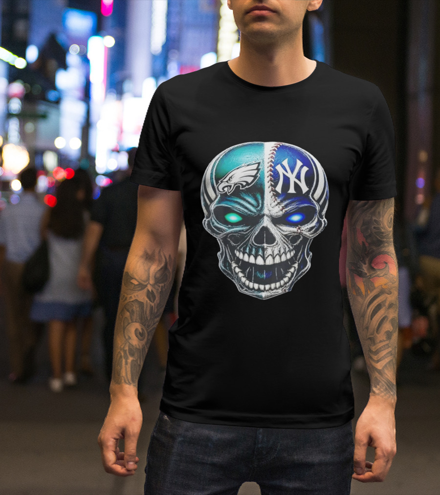 Philadelphia Eagles New York Yankees Skull Glow Eyes T-Shirt