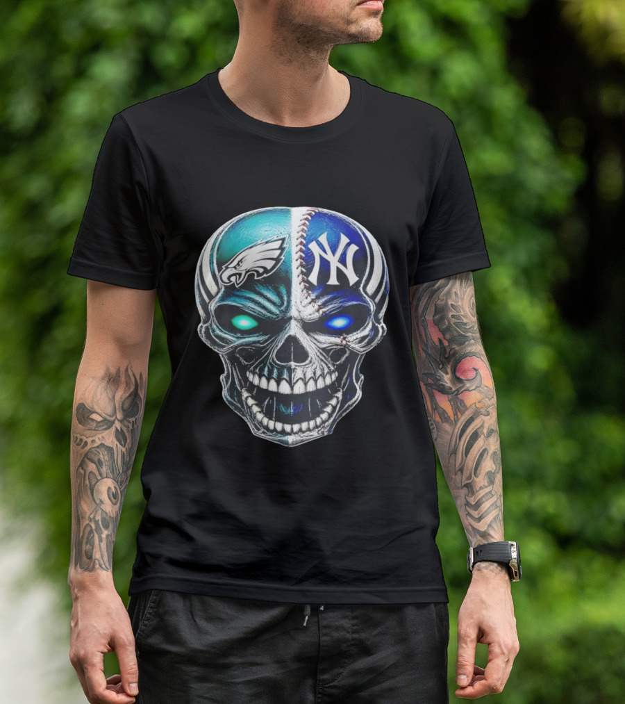 Philadelphia Eagles New York Yankees Skull Glow Eyes T-Shirt