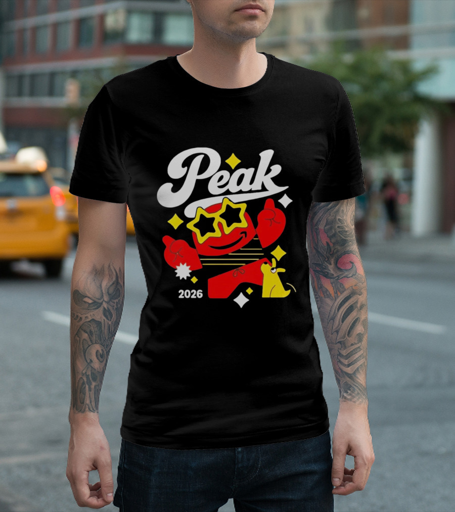 Peak 2026 Red Character With Star Glasses And Yellow Dog T-Shirt