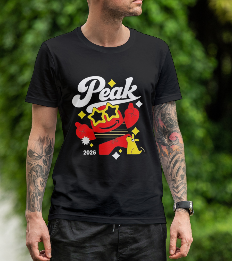 Peak 2026 Red Character With Star Glasses And Yellow Dog T-Shirt