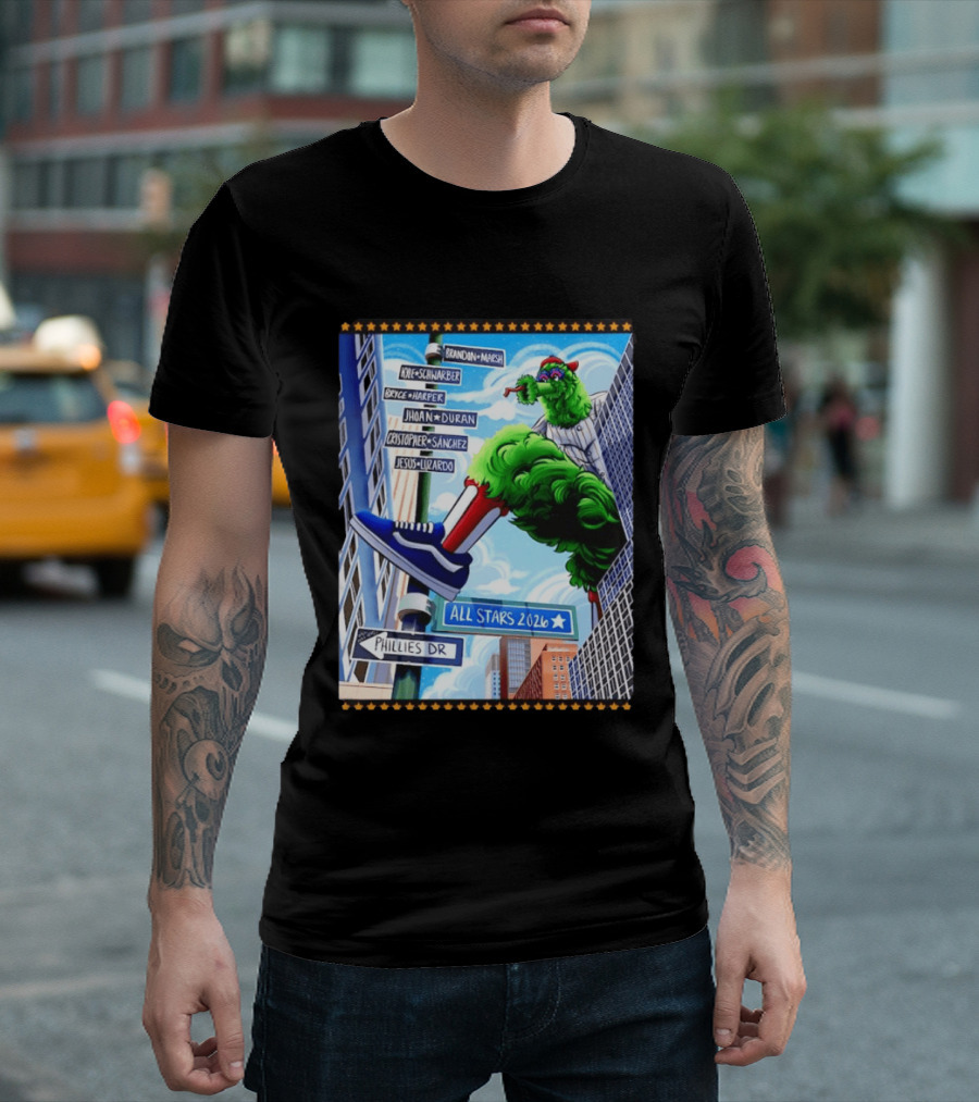 Phillies Dr Phillie Phanatic Brandon Marsh Kyle Schwarber Bryce Harper Johan Duran Christopher Sanchez Jesus Luzardo All Stars 2026 T-Shirt