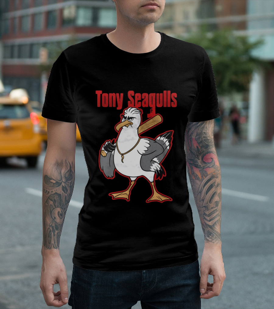Tony Seagulls Baseball Cartoon Character With Bat T-Shirt