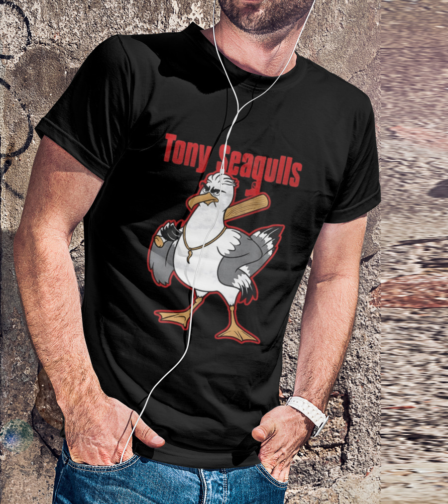 Tony Seagulls Baseball Cartoon Character With Bat T-Shirt