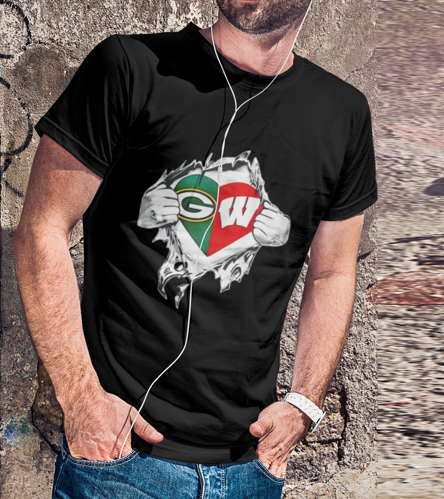 Green Bay Packers Wisconsin Badgers Torn Chest Reveal Heart T-Shirt