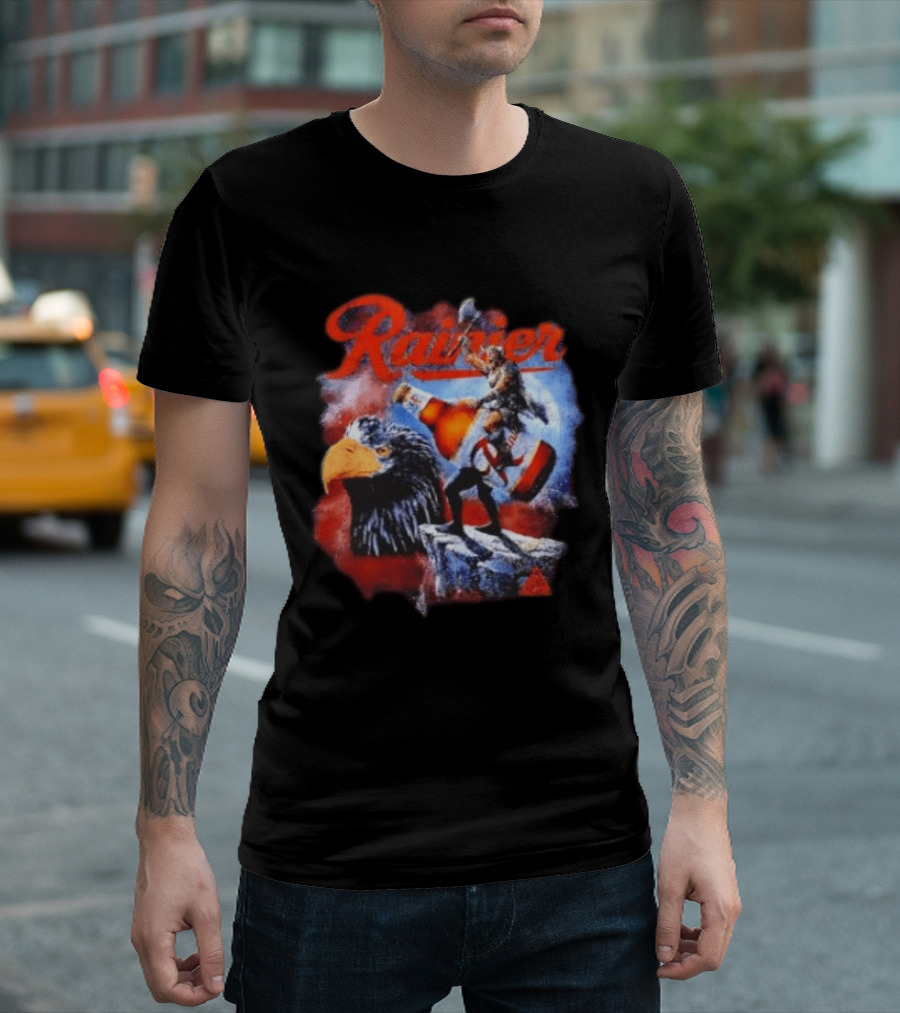 Rainier Beer Viking Holding Beer Riding Eagle On Rock T-Shirt