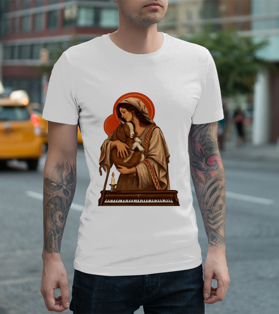Woman Embracing Goat With Candle And Piano Halo T-Shirt