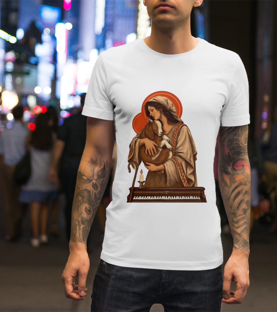 Woman Embracing Goat With Candle And Piano Halo T-Shirt