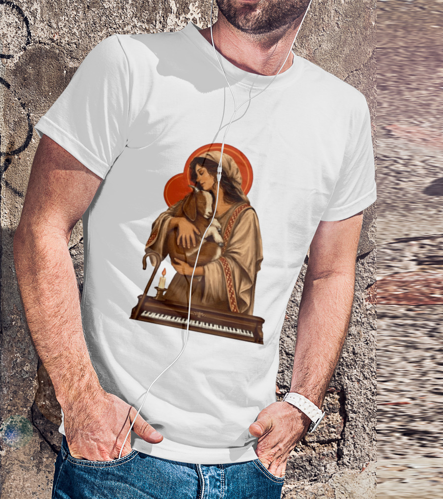 Woman Embracing Goat With Candle And Piano Halo T-Shirt