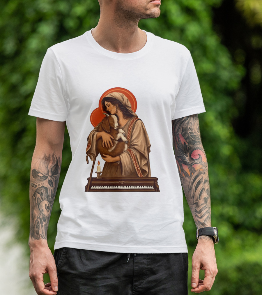 Woman Embracing Goat With Candle And Piano Halo T-Shirt