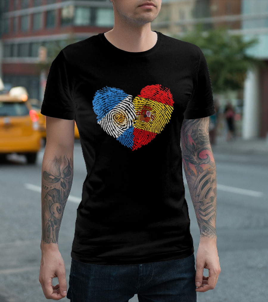 Half Spain Half Argentine Heart Fingerprints Flags Spain Argentina T-Shirt