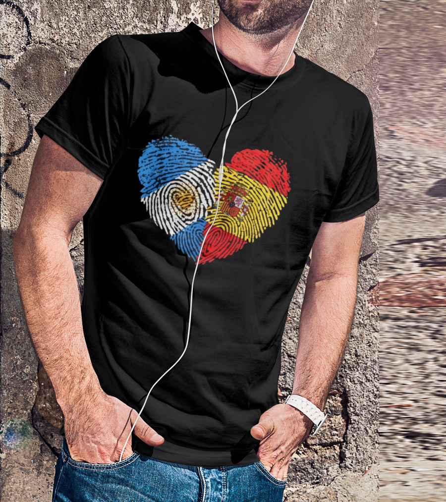 Half Spain Half Argentine Heart Fingerprints Flags Spain Argentina T-Shirt