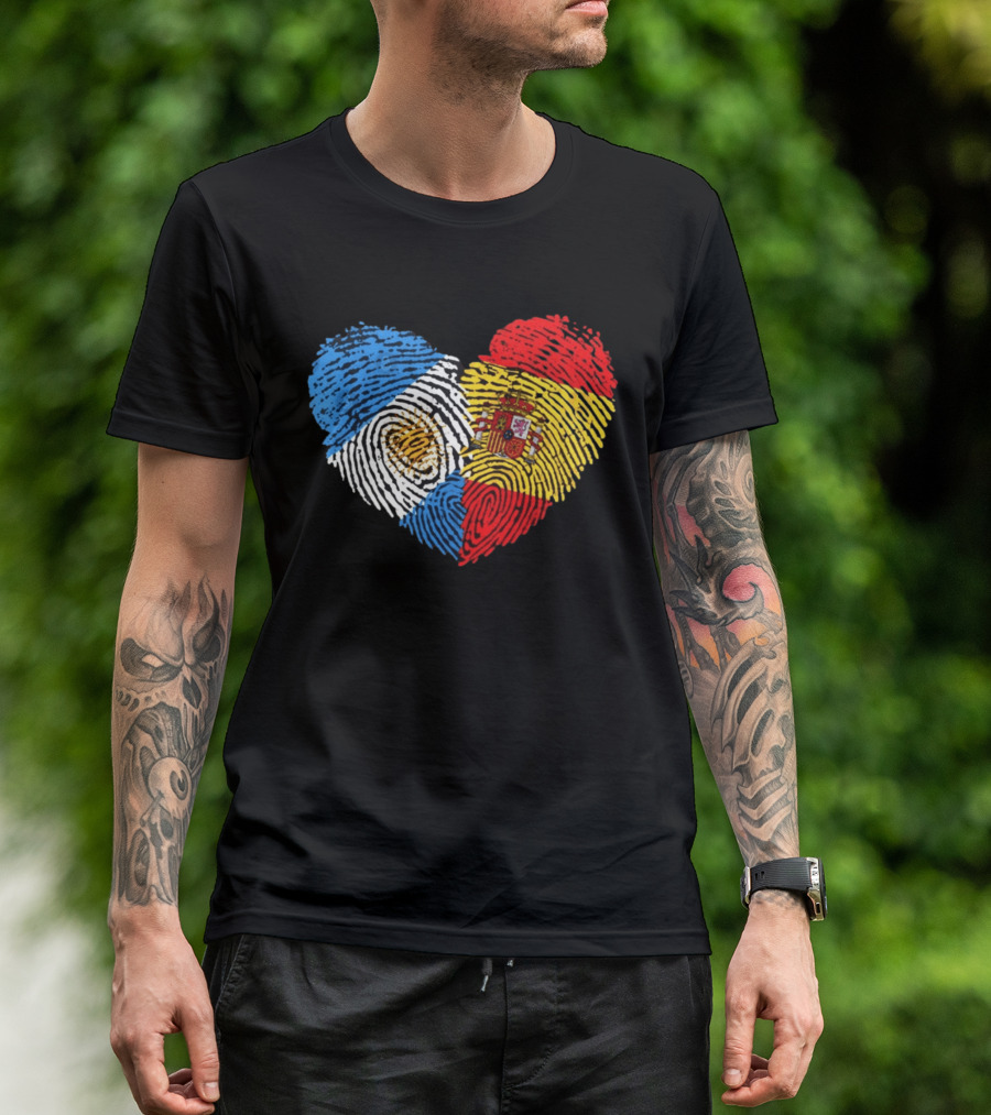 Half Spain Half Argentine Heart Fingerprints Flags Spain Argentina T-Shirt