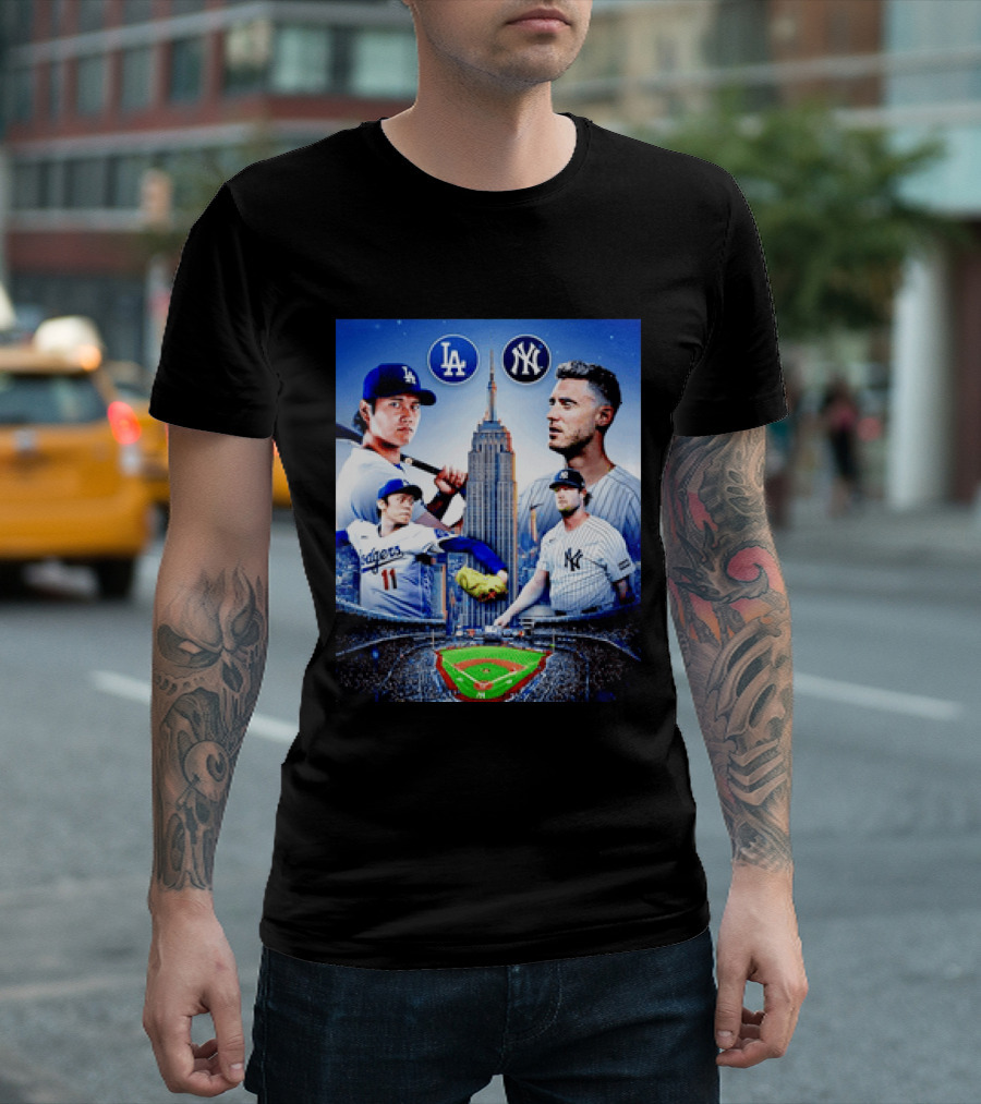 Los Angeles Dodgers Vs New York Yankees Shohei Ohtani Yoshinobu Yamamoto Baseball City Skyline T-Shirt