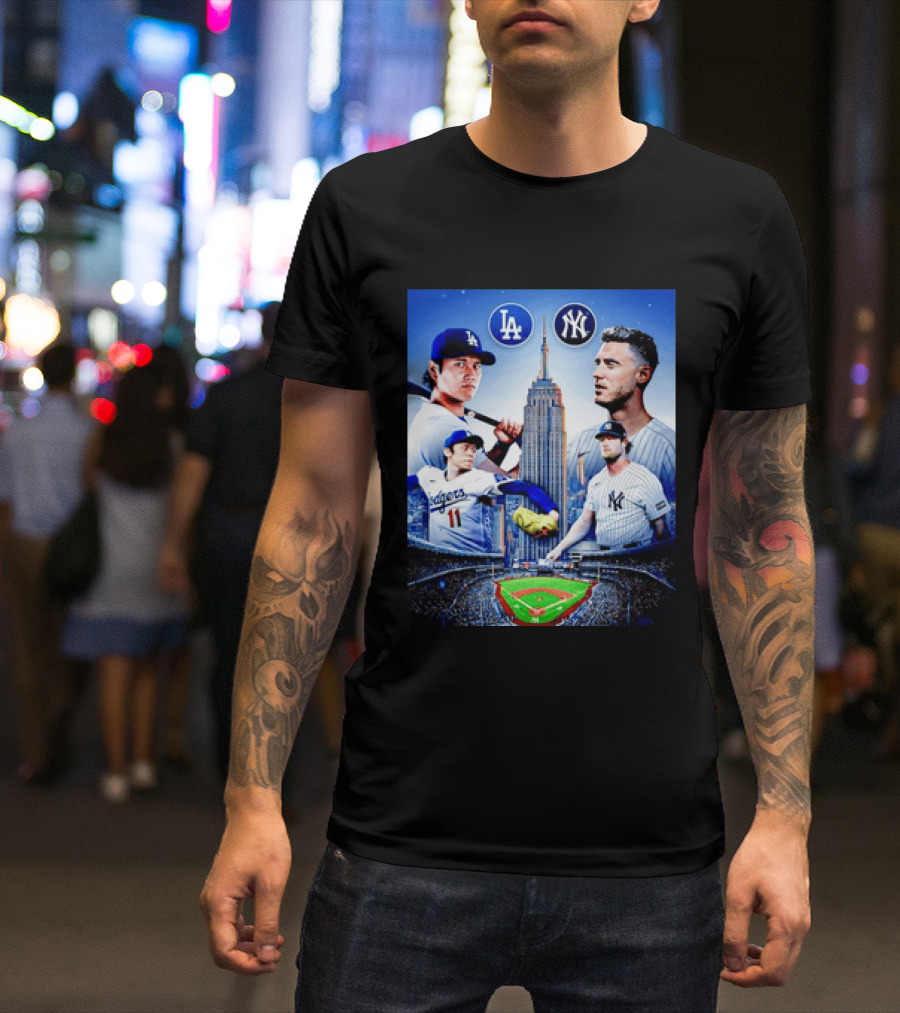 Los Angeles Dodgers Vs New York Yankees Shohei Ohtani Yoshinobu Yamamoto Baseball City Skyline T-Shirt