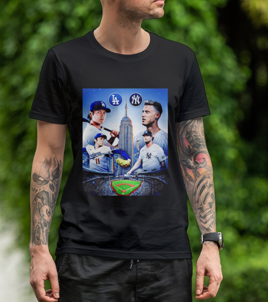 Los Angeles Dodgers Vs New York Yankees Shohei Ohtani Yoshinobu Yamamoto Baseball City Skyline T-Shirt