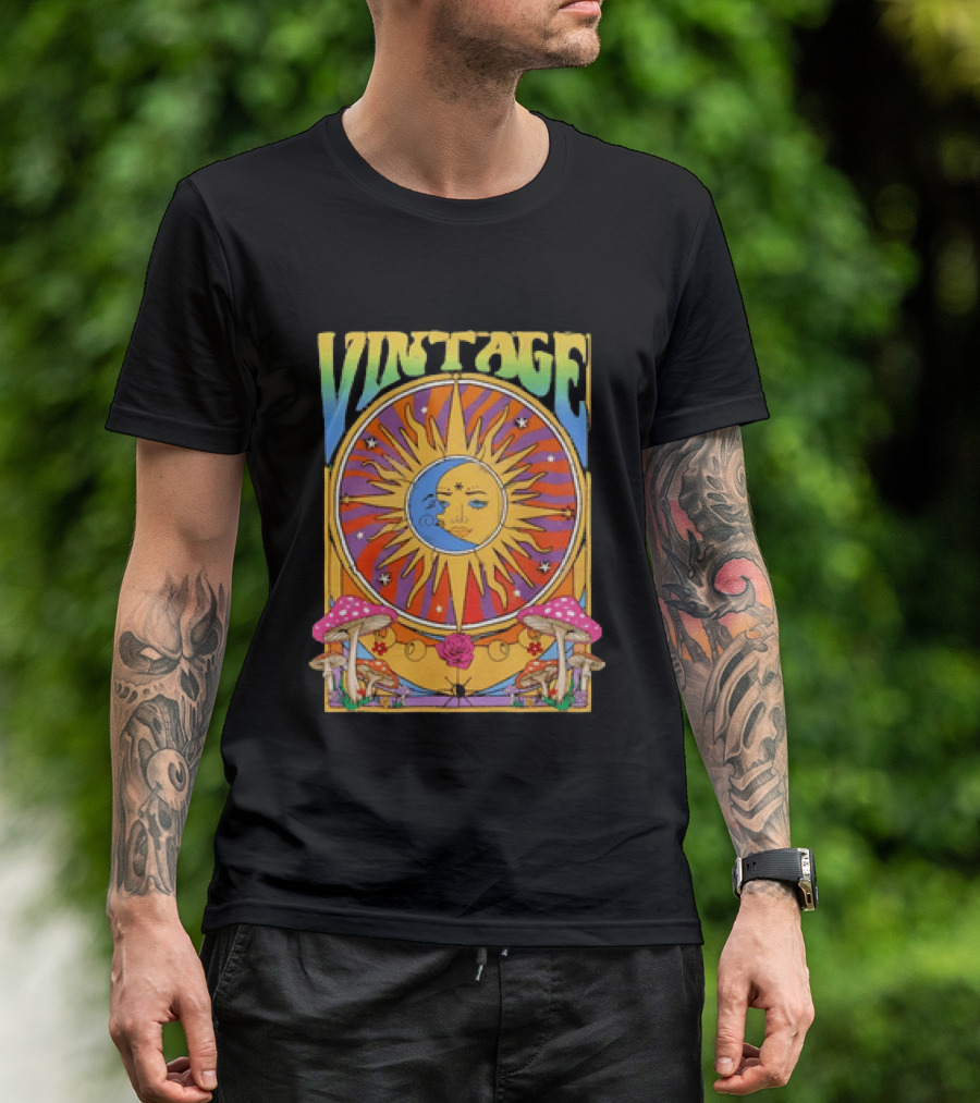 Vintage Sun Moon Celestial Psychedelic Mushrooms T-Shirt